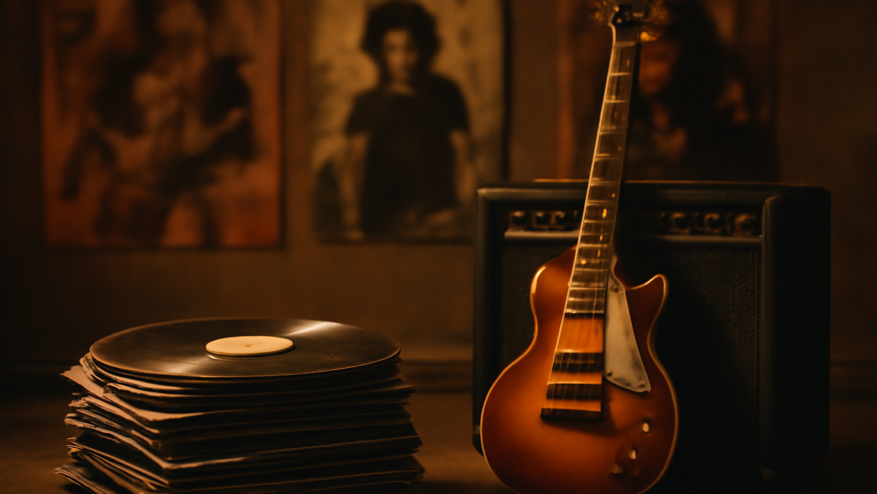 Koleksi piringan hitam dan gitar di ruangan bertema rock alternatif