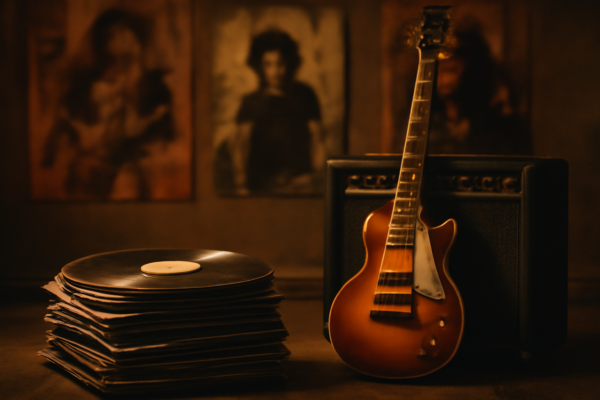 Koleksi piringan hitam dan gitar di ruangan bertema rock alternatif