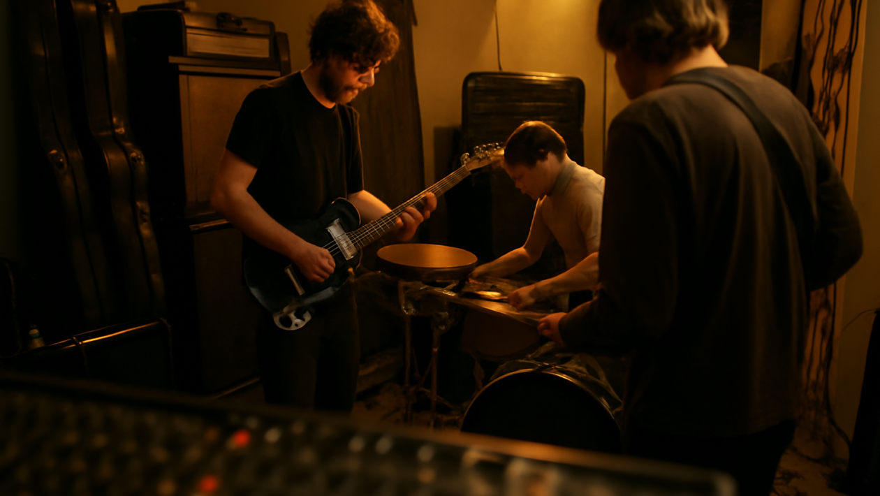 Band rock alternatif berlatih di studio rumahan dengan amplifier dan drum
