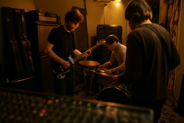 Band rock alternatif berlatih di studio rumahan dengan amplifier dan drum