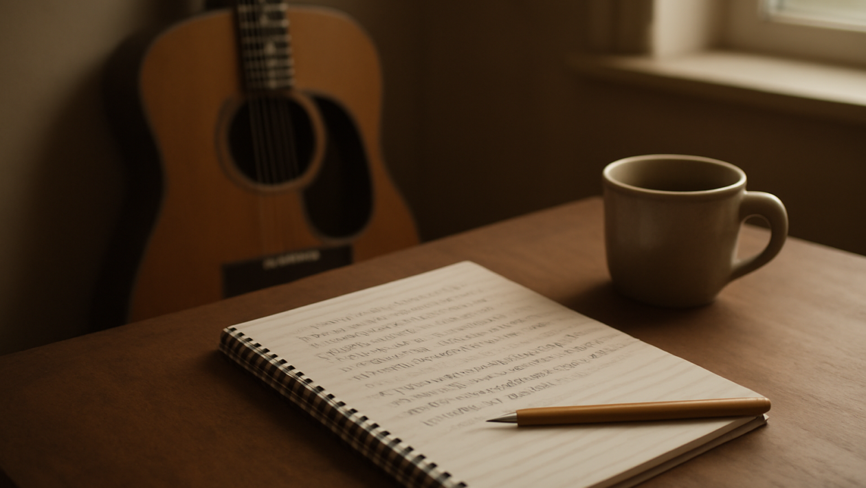 Meja penulis lagu dengan buku catatan berisi lirik tulisan tangan, pensil, dan gitar akustik