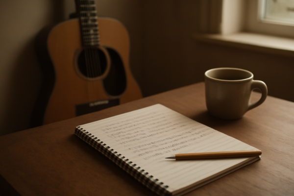 Meja penulis lagu dengan buku catatan berisi lirik tulisan tangan, pensil, dan gitar akustik