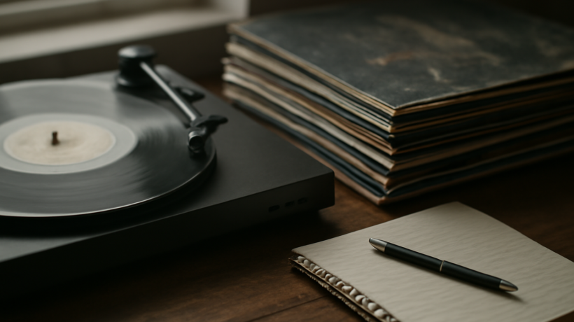 Pemutar piringan hitam dan tumpukan album rock alternatif di atas meja kayu