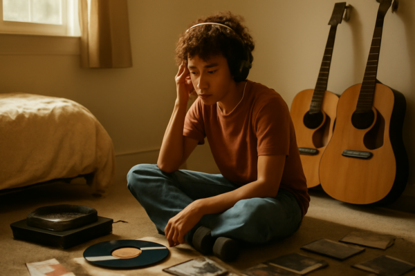 Seorang pemula mendengarkan album rock alternatif dengan headphone di kamar, dikelilingi koleksi piringan hitam