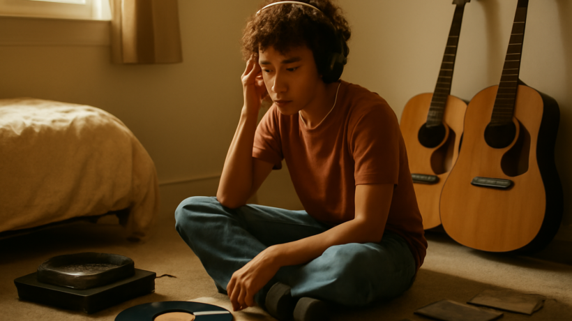 Seorang pemula mendengarkan album rock alternatif dengan headphone di kamar, dikelilingi koleksi piringan hitam