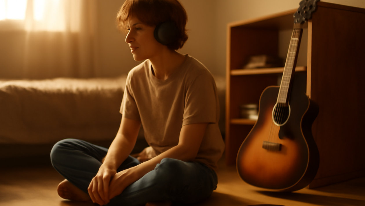 Pemuda mendengarkan musik rock alternatif dengan headphone di kamar