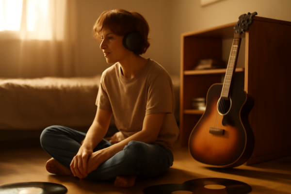 Pemuda mendengarkan musik rock alternatif dengan headphone di kamar