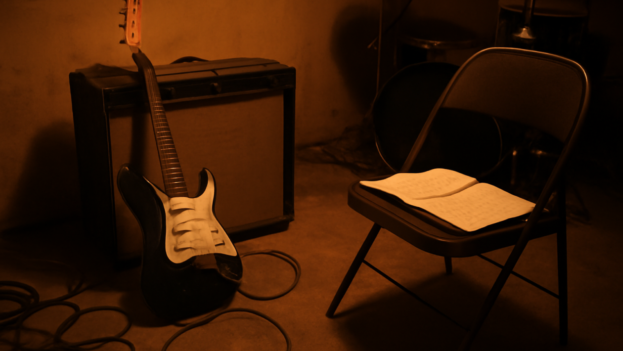 Ruang latihan band rock alternatif dengan gitar listrik dan buku lirik tulisan tangan