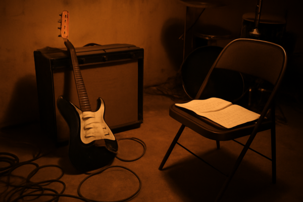 Ruang latihan band rock alternatif dengan gitar listrik dan buku lirik tulisan tangan