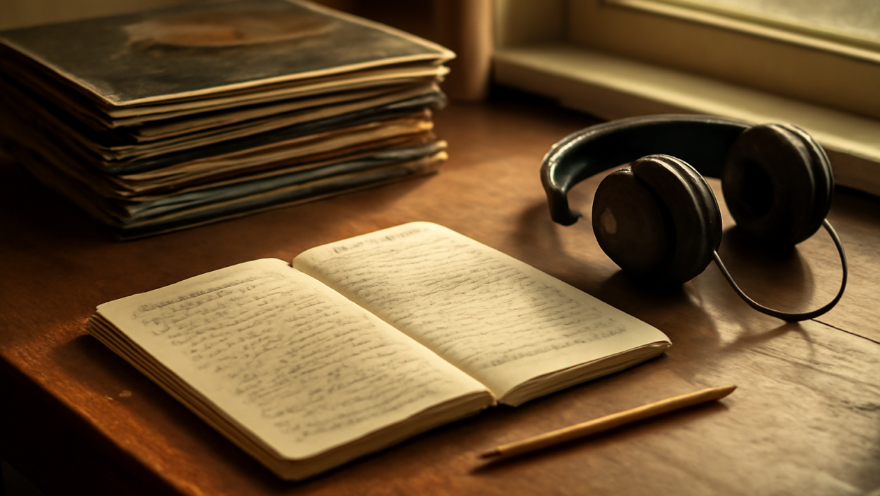 Meja kerja dengan tumpukan piringan hitam, buku catatan, dan headphone untuk memeriksa fakta profil musisi rock alternatif