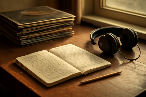 Meja kerja dengan tumpukan piringan hitam, buku catatan, dan headphone untuk memeriksa fakta profil musisi rock alternatif