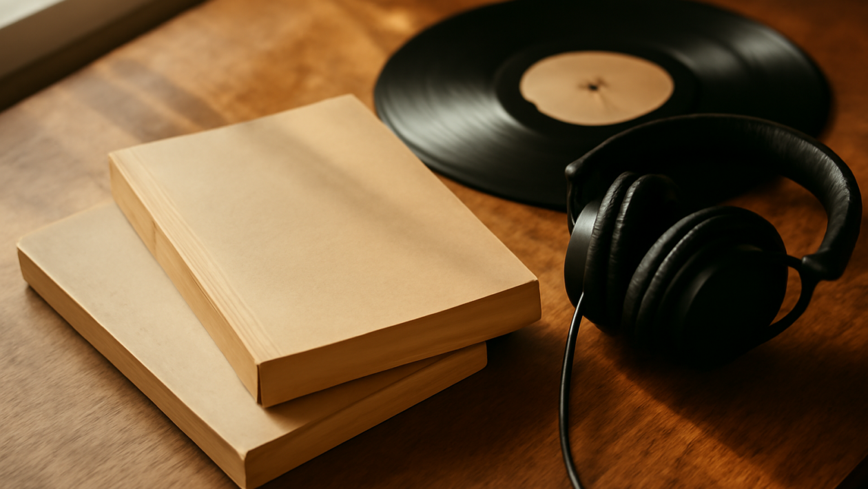 Dua buku tentang band rock alternatif di atas meja kayu bersama piringan hitam dan headphone.