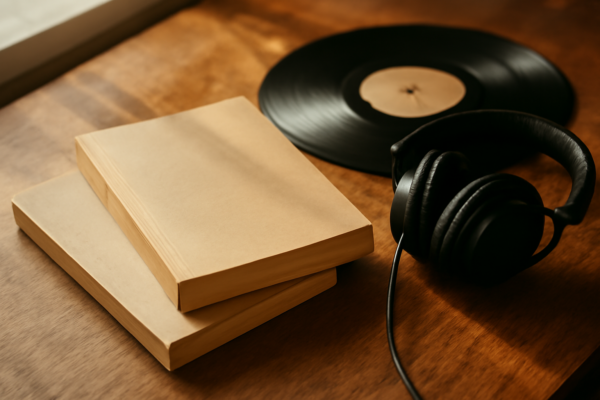 Dua buku tentang band rock alternatif di atas meja kayu bersama piringan hitam dan headphone.