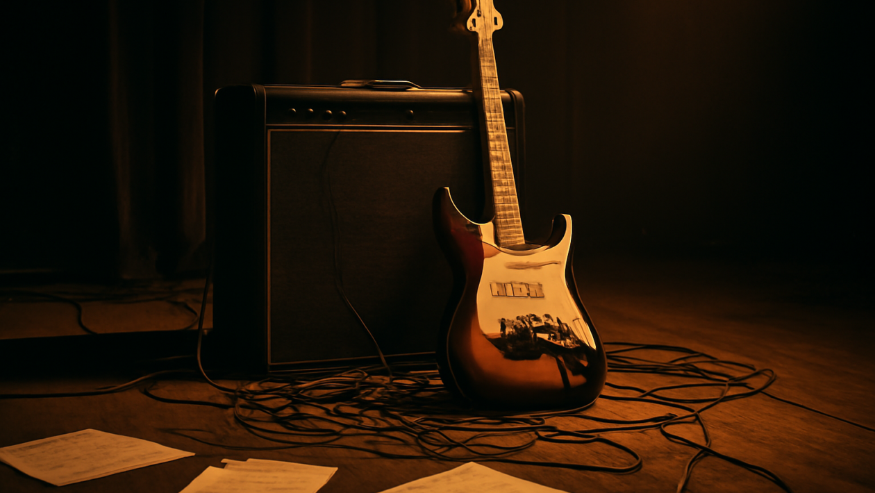 Gitar listrik dan amplifier di panggung kecil dengan pencahayaan redup