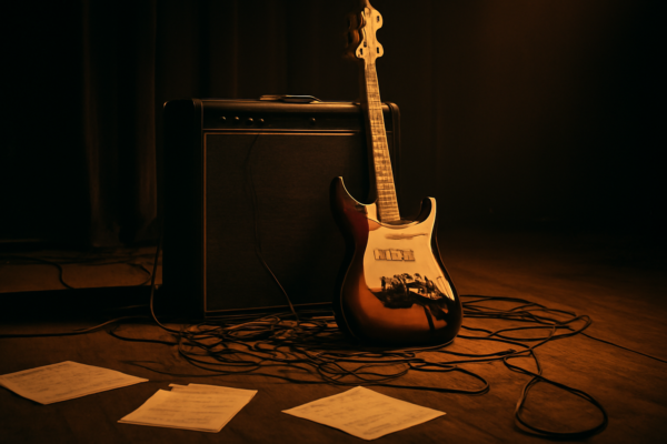 Gitar listrik dan amplifier di panggung kecil dengan pencahayaan redup